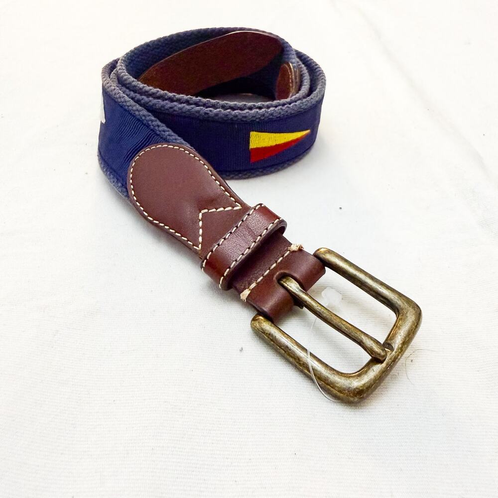 J. Crew Maritime Ship Sails Printed Navy Belt Leather Accents Size 38